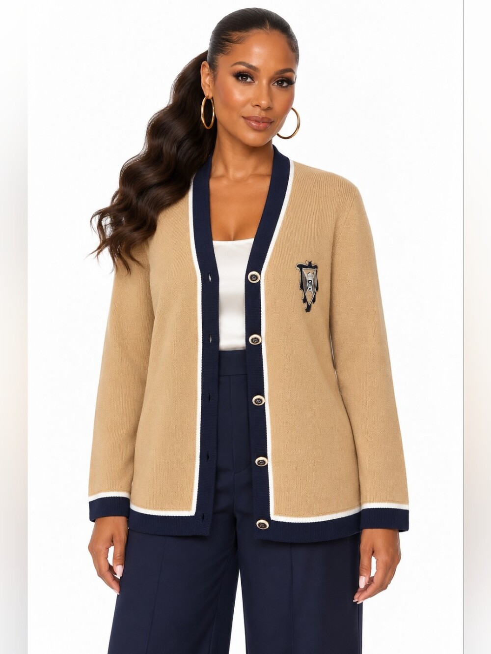 St. John Collection by Marie Gray Cardigan Size 14 Tan Navy Crest Gold Buttons